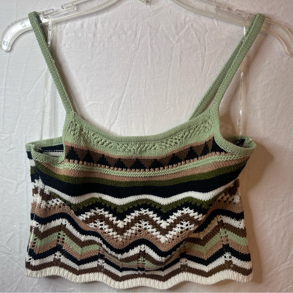Derek Heart Boho Knit Crop Tank Green Brown Striped Festival Top S